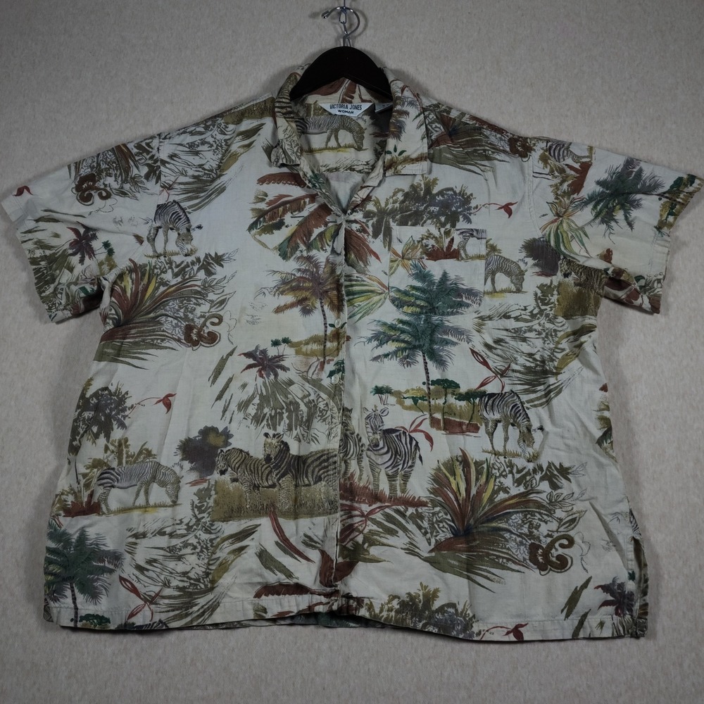 Safari Zebra Novelty Linen Blend Short Sleeve Button Down Shirt 3X Beige Womens